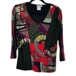 Parsley & Sage Colourful Patchwork 3/4 Sleeve V Neck Top Large Black Multi